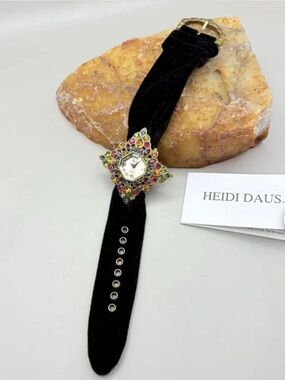 Heidi Daus Black Velvet Strap Starburst Watch with Multicolor Crystals